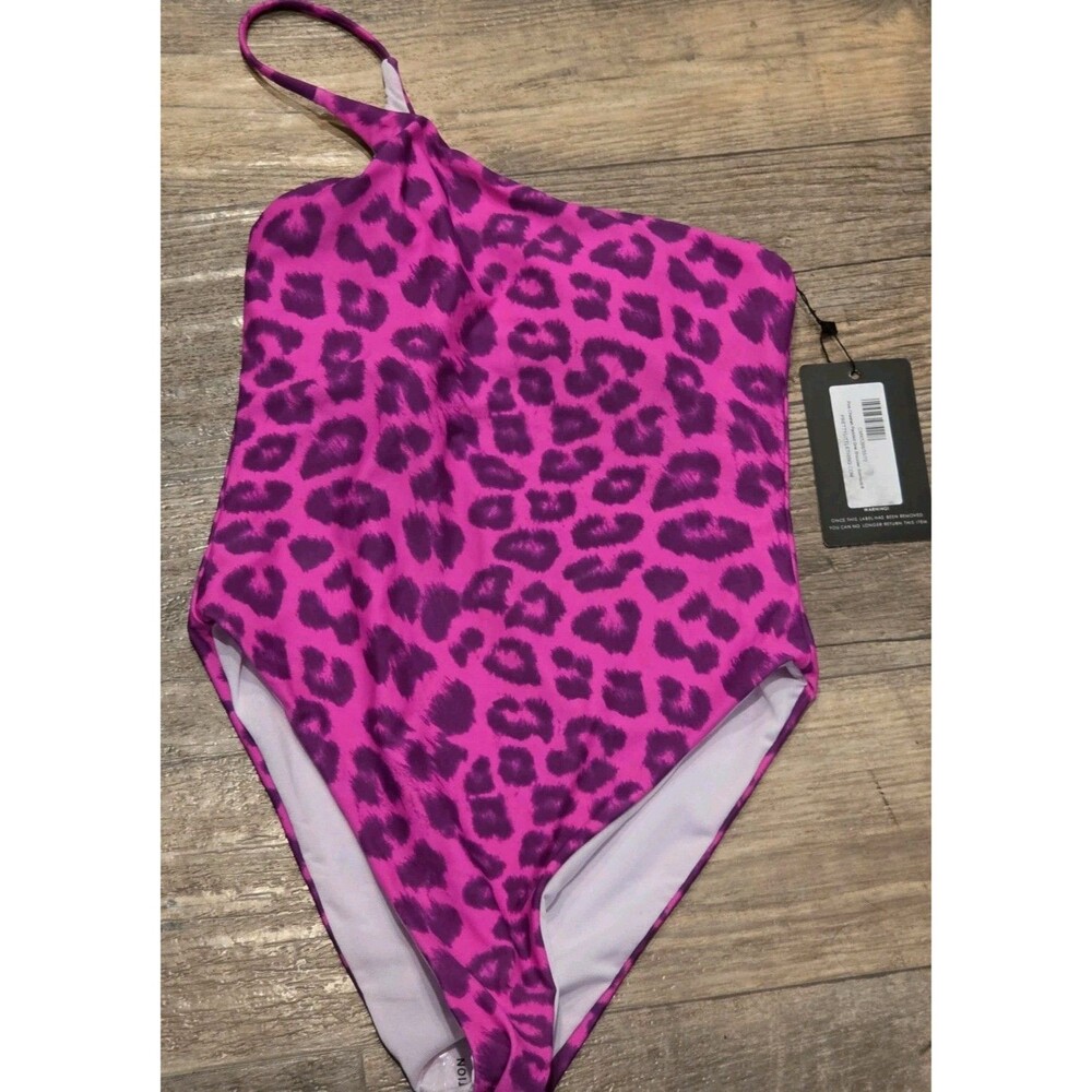 Pretty Little Thing magenta & purple leopard print one-shoulder swimsuit -Size 4